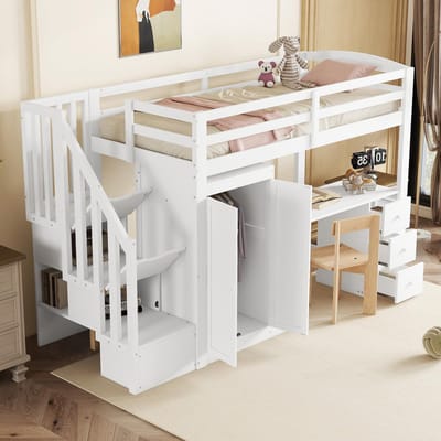 Wishdor – Hoogslaper met bureau, kledingkast en opbergtrap – 90 x 200 cm – Massief grenenhout en MDF – Wit