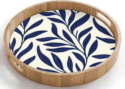 Dienblad rond 40x40 cm - Schootdienblad hout - Bladeren - Klimop - Donkerblauw - Borrelplank rechthoek - Plateau houten dienbladen