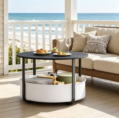 STILVORA Salontafel - Ronde Tafel Met Opbergmand - Modern Voor Woonkamer En Naast De Bank - Metaal En Canvas - 80x80x50 Cm - Zwart