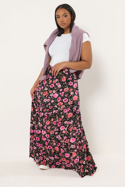 Yours Zwarte Gelaagde Maxirok Met Bloemenprint Size 48