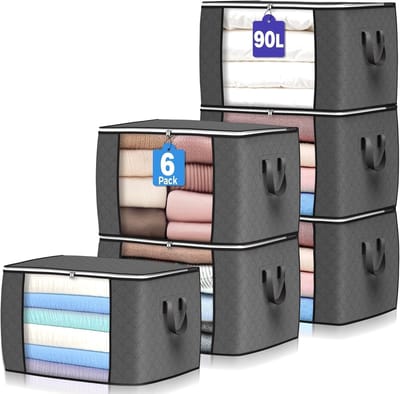 Famanu -6 Pack 90L Kleding Opbergtas, Opbergzakken voor Kleding met Ritsen Duurzame Handgrepen Dikke Stof voor Beddengoed, Dekens, Dekbedden en Speelgoed (Grijs)