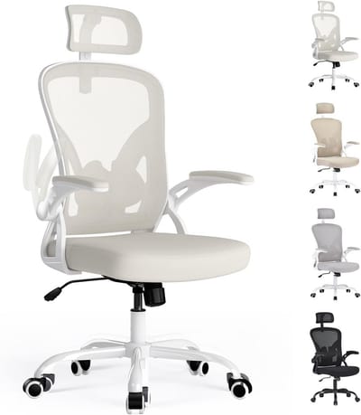 Ergonomische bureaustoel - Comfortabele werkstoel - Thuiswerken - Verstelbare lendensteun - 59.5 x 50 x 129 cm - Wit