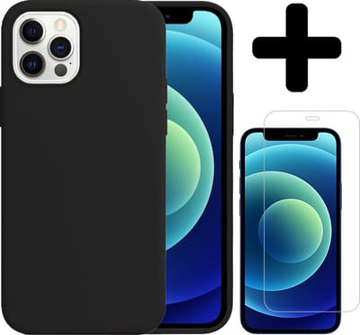 Hoesje - Met Screenprotector - Geschikt voor Apple iPhone 12 Pro - Sterk & Shockproof - Telefoon Hoes - Back Cover - Siliconen Case - Telefoonhoes - Zwart