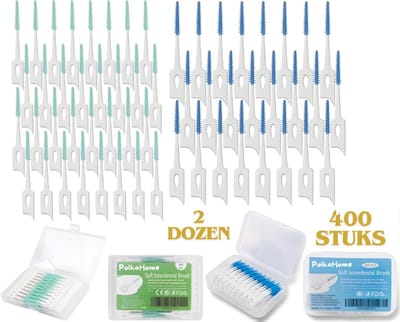PolkaHome Tandenstokers 400 Stuks – Tandenstoker Flosser | Dental Floss | Tanden Flossen - Flosdraad | Dental Floss Sticks | Flosser | Tandenflosser | Tandzijde Sticks | Ragers – Siliconen Interdentale Borstels (2 Dozen: 200 Blauw & 200 Groen)