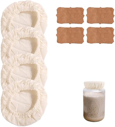 Dailygoods- Zuurdesempotafdekking Herbruikbaar - Stoffen Potdeksel - Stickers - 4 Stuks - Voor Potmond 7,62-10,16cm - Kleur Wit - Materiaal Doek