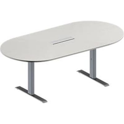 Schäfer Shop Genius Vergadertafel MODENA FLEX, in hoogte verstelbaar, 6-voudige contactdoos, ovale vorm, T-poot rechthoekige buis, B 2000 x D 1000 mm, lichtgrijs
