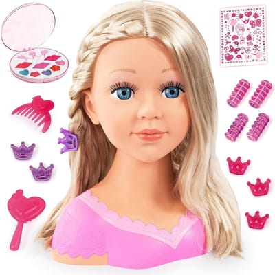 RUX® Kaphoofd voor Meisjes - Sminkpop Met Make up Voor Kinderen - Makeup pop - Kappop - Schminkpop voor Meisjes - Opmaakpop / Kapkop met Haar Accessoires - Speelgoed Kaphoofd - Roze - 15cm x 27cm x 24cm