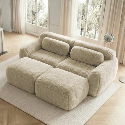 DESMIU Slaapbank 204 Cm - Modulair 2-Zits Met 2 Ottomans En Slaapfunctie - Voor Woonkamer En Lounge - Pluche Licht Khaki