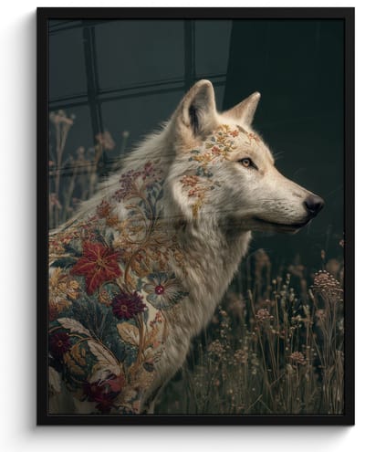 Poster in lijst - Fotolijst 60x80 cm - Posters - Wolf - Bloemen - Natuur - Posterlijst zwart - Decoratie - Wanddecoratie woonkamer - Muurdecoratie slaapkamer