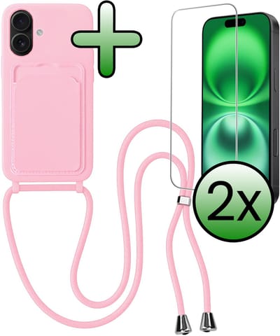 Hoes Geschikt voor iPhone 16 Plus Hoesje Pas Houder Case Hoes Met Koord Met 2x Screenprotector - Hoesje Geschikt voor iPhone 16 Plus Hoes Met Telefoonkoord Pasjeshouder Cover - Lichtroze