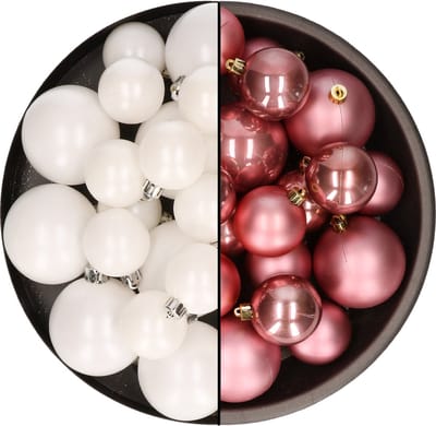 Kerstversiering kunststof kerstballen kleuren mix oud roze/winter wit 4-6-8 cm pakket van 68x stuks