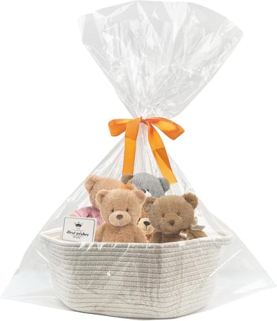 Kleine gevlochten katoenen opbergmand met handvatten, lege geschenkenmand voor babyshowers, bruiloften en verjaardagen, inclusief wenskaart en linten