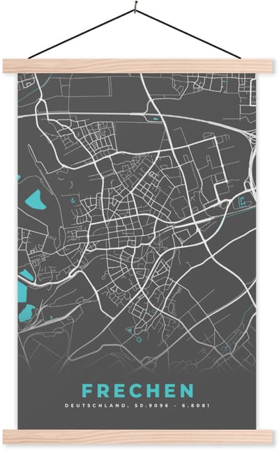 Posterhanger incl. Poster 40x60 cm - Schoolplaat - Stadskaart – Frechen – Duitsland – Plattegrond – Kaart - Textielposter - Blanke latten - Stadskaart