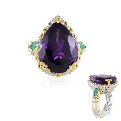 Cavill - Amethist Ring 925 Sterling Zilver - 14,08 ct Peervormig Braziliaanse Amethist - 0,38 ct Smaragd - Elegante Druppelvorm
