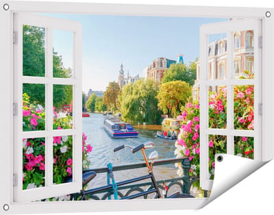 Gards Tuinposter Doorkijk Amsterdamse Kanaal met Bloemen - 90x60 cm - Tuindoek - Tuindecoratie - Wanddecoratie buiten - Tuinschilderij