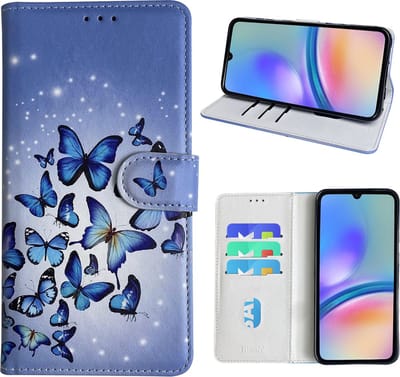 Hoesje geschikt voor Samsung Galaxy A05s Bookcase met Blauw vlinder print