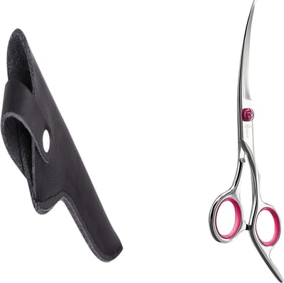 Professionele Hondenschaar – Trimschaar Ergonomisch Krom Rechts – Vacht- & Pootverzorging voor Langharige Honden – Roze + Luxe Lederen Etui – 16,5 cm – Zwart