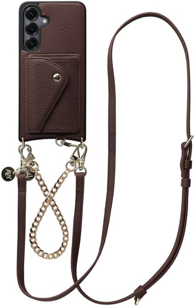 AVY Leren Hoesje geschikt voor Samsung Galaxy S25 / S24 | Met Koord en Magnetische Kaarthouder | Compatibel met MagSafe | Leather Case met 30CM & 130CM Koord & Wallet | Leather and Gold | Chocolate