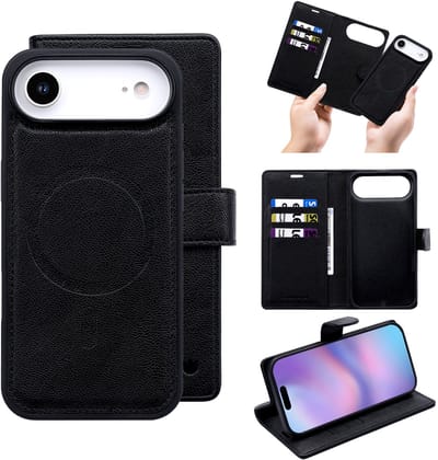 Casemania Hoesje Geschikt voor Apple iPhone 17 Air - Onyx Black - 2 in 1 Afneembare Bookcase van Lederlook met Fijne Nerf - Geschikt voor MagSafe - Portemonnee Telefoonhoesje met Pasjeshouder en Standaardfunctie
