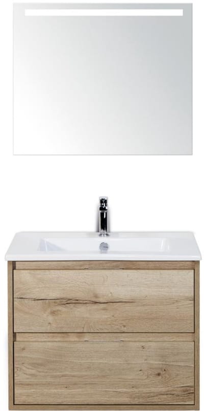 Porto Badmeubelset 70 cm - Natuur Eiken - Keramische Wastafel Wit Slim met Sence Spiegel