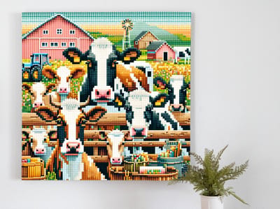 Pixel art koeien schilderij | Koeien gecreëerd met pixels, een artistieke boerderijsymfonie | Kunst - 75x75 centimeter op Forex | Foto op Forex