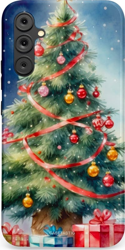 Casetastic hoesje geschikt voor Samsung Galaxy A34 (2023) 5G - Dubbellaagse bescherming - Aquarel Kerstboom Cadeau - Fashion Case - Grijs Donkerblauw Saliegroen Beige