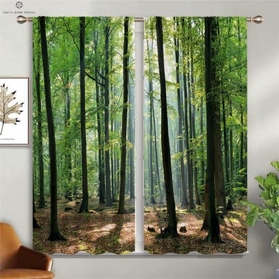 Forêt Brumeuse - Rideaux Imprimés en 3D, Végétation Verte, Passe-Tringle, Chambre à Coucher, Cuisine, Salon, Décoratif, 2 Pièces W50xH130(CM)x2PCS&Grommet Top
