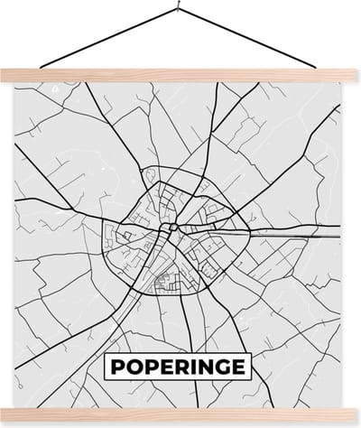 Posterhanger incl. Poster 40x40 cm - Schoolplaat - Stadskaart – Plattegrond – België – Zwart Wit – Poperinge – Kaart - Textielposter - Blanke latten - Stadskaart