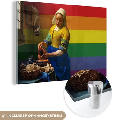 MuchoWow® Glasschilderij 120x80 cm - Schilderij acrylglas - Melkmeisje - Vermeer - Pride vlag - Foto op glas - Schilderijen