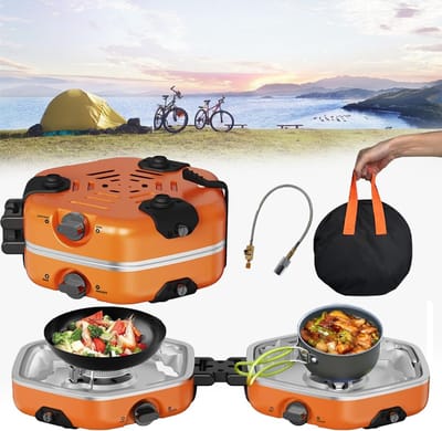Opvouwbare Gaskookplaat - Campingfornuis Grill - Buiten Koken - Dubbele Branders Grill - 17000 Btu - Oranje