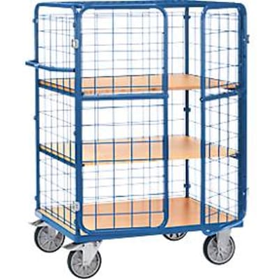 Fetra 8481-3DE gaaswerkwagen, tot 600 kg, afsluitbare vleugeldeur met dak, 3 etages met houten legborden, laadvlak L 1000 x B 600 mm, TPE-banden