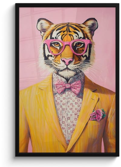 Poster in lijst - Fotolijst 60x90 cm - Posters - Tijger - Bril - Geel - Jasje - Posterlijst zwart - Decoratie - Wanddecoratie woonkamer - Muurdecoratie slaapkamer