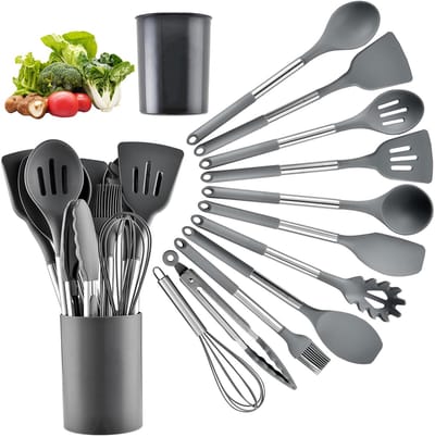 OKWISH Keukengerei-Sets – 12-Delig Siliconen Keukengerei Met Zachte En Krasvrije Keukenhulpen – Geschikt Voor Non-Stick Pannen, RVS + Siliconen – Grijs