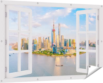 Gards Tuinposter Doorkijk Skyline Shanghai Stad in China - 150x100 cm - Tuindoek - Tuindecoratie - Wanddecoratie buiten - Tuinschilderij