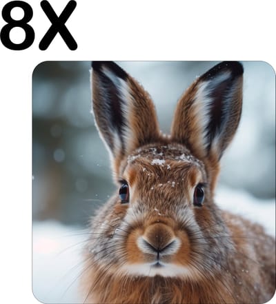 Luxe Placemat - Bruin Konijn in de Sneeuw - Set van 8 Placemats - 50x50 cm - 2 mm dik Vinyl - Anti Slip - Afneembaar