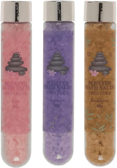 Dailygoods- Badzoutset 3-delig - Badzout Lavendel/Roos/Sandelhout - Aromatherapie - Wellnesscadeau - Ontspanning en Verzorging