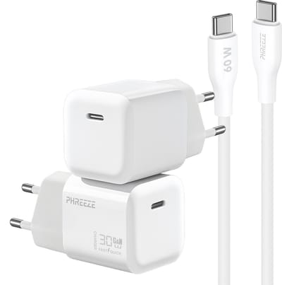 GaN 30w usb C adapter 1m set - Oplader met usb C naar usb C kabel wit