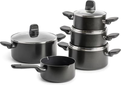GreenPan Memphis Kookpannenset 9-delig - 16/18/20/24cm - 1.6/1.6/2.1/3.1/4.9L - PFAS-vrije antikleeflaag - Inductie kookpan - Keramische pan - Ovenbestendig tot 160°C - Koudgrepen - Met glazen deksel - Zwart