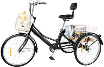 Driewieler Volwassenen - Stadsfiets - Comfortabel Boodschappen - Inclusief Manden - 24 Inch Wielen - Zwart