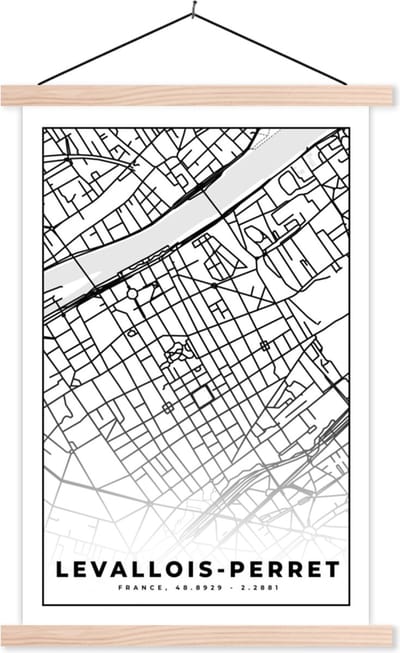 Posterhanger incl. Poster 40x60 cm - Schoolplaat - Frankrijk - Plattegrond - Levallois-Perret - Stadskaart - Kaart - Zwart wit - Textielposter - Blanke latten - Stadskaart