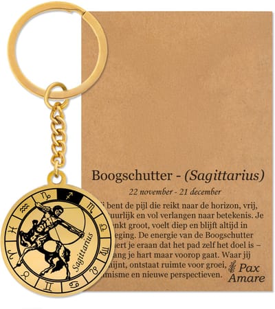 Sterrenbeeld Boogschutter (Sagittarius) Sleutelhanger op Cadeau Kaartje – Spiritueel Cadeau van Roestvrij Staal – Goudkleurig – Pax Amare