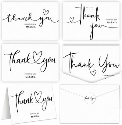 50x Bruiloft Bedankkaarten Set met Enveloppen & Stickers - Heer en Mevrouw Bedankbriefjes