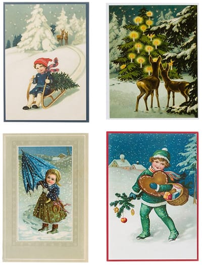 Nostalgische kerstkaarten - 4 stuks - Franz_Josef - Klassieke Vintage afbeeldingen - Winter - Sneeuw - Feestelijk - Jaarwisseling - Oude Brocante kerstkaarten 15X10,5 en 14X9