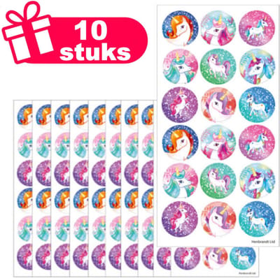 Henbrandt - Set van 10x Stickervellen met Grote UNICORN / Eenhoorn Stickers om Uit te Delen of te Knutselen - Traktatie uitdeelcadeautjes - 10x Stickervellen voor Kinderen met 18 Stickers per Vel = Totaal: 180 Stickers
