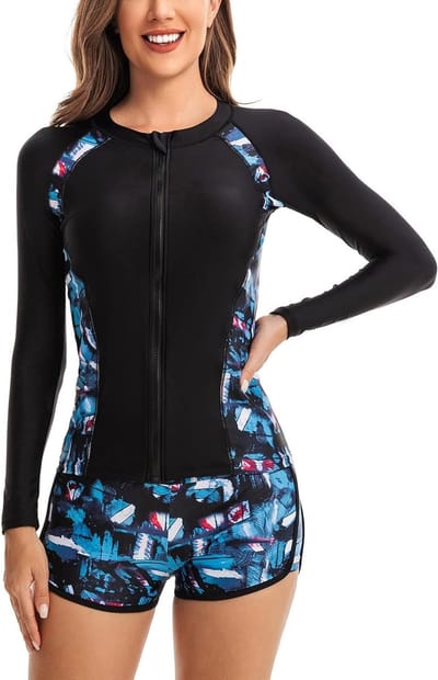 Dames Rash Guard Tweedelige Badmode met Lange Mouwen en UPF 50+ Bescherming tegen UV-straling, Slim Fit Zonnebescherming met Shorts in Maten S t/m 3XL