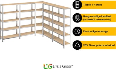 Life’s Green Stelling Set 90 cm - Opbergrek - Stellingkast - 4x 90*30*180 cm - 1x Hoekstelling - Zilver