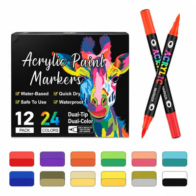 Acrylmarker met twee uiteinden - 12 stuks 24 kleuren - twee kleuren per pen - geschenkdoos
