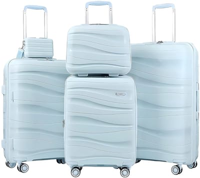 Reisbagageset – Voor vakantie en zakelijk gebruik – Lichtgewicht met harde schaal, cosmeticakoffer en minidoos, TSA-slot – Lichtblauw, duurzaam materiaal (bijv. 55 cm, 68 cm, 78 cm, 35 cm, 20 cm)