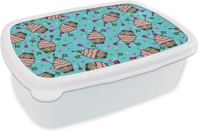 Broodtrommel Wit - Lunchbox - Brooddoos - Cupcake - Stippen - Feest - Patronen - 18x12x6 cm - Volwassenen