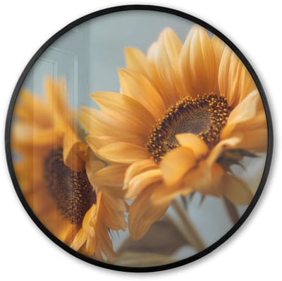 Poster in lijst Rond - Fotolijst 60x60 cm - Posters - Zonnebloemen - Geel - Wazig - Ronde posterlijst zwart - Decoratie - Wanddecoratie woonkamer - Muurdecoratie slaapkamer